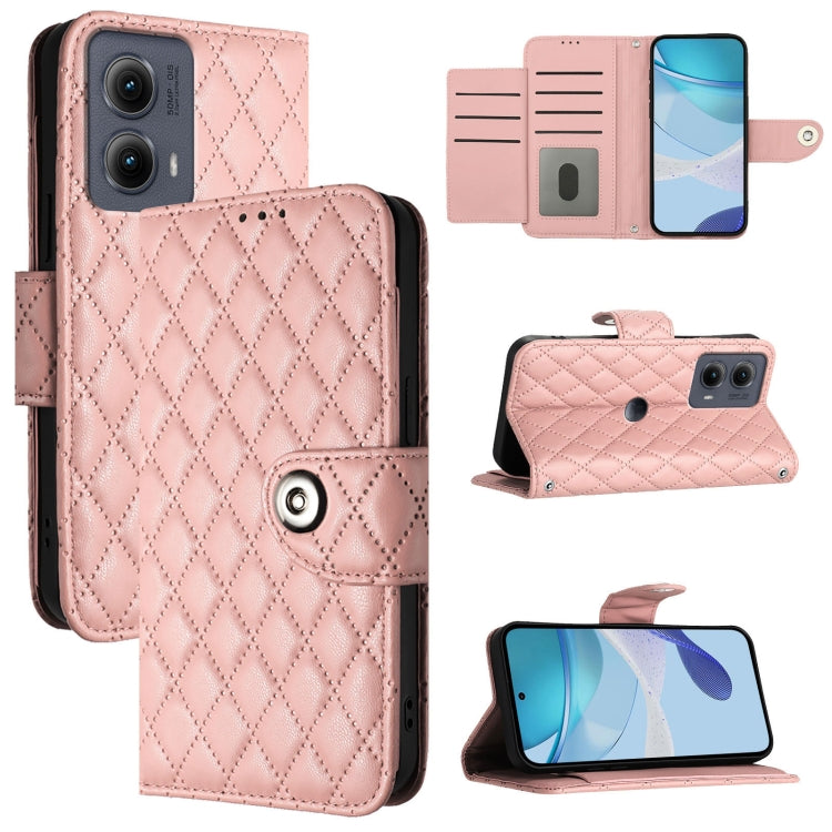For Motorola Edge 2024 Rhombic Texture Flip Leather Phone Case with Lanyard(Coral Pink) - free shipping - PMC Jewellery - Order now!