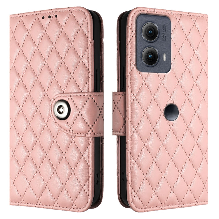For Motorola Edge 2024 Rhombic Texture Flip Leather Phone Case with Lanyard(Coral Pink) - free shipping - PMC Jewellery - Order now!