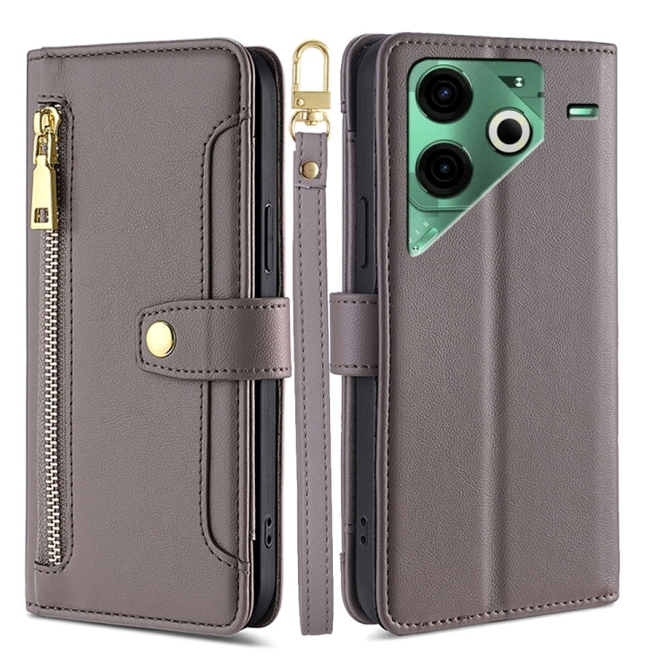 For Tecno Pova 6 Neo 4G Sheep Texture Cross-body Zipper Wallet Leather Phone Case(Grey) - Tecno Cases by PMC TechLife | Online Shopping South Africa | PMC TechLife | Buy Now Pay Later Mobicred