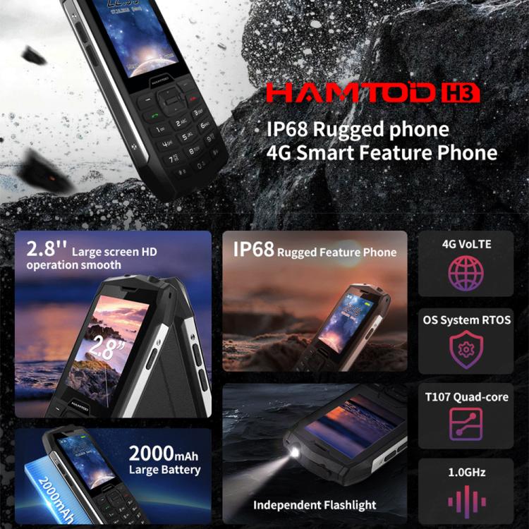 HAMTOD H3 Rugged Phone, EU Version, 2.8 inch T107 ARM CortexTM A7 Quad-core 1.0GHz, Network: 4G, VoLTE, BT, SOS(Black) - free shipping - PMC TechLife - Order now!