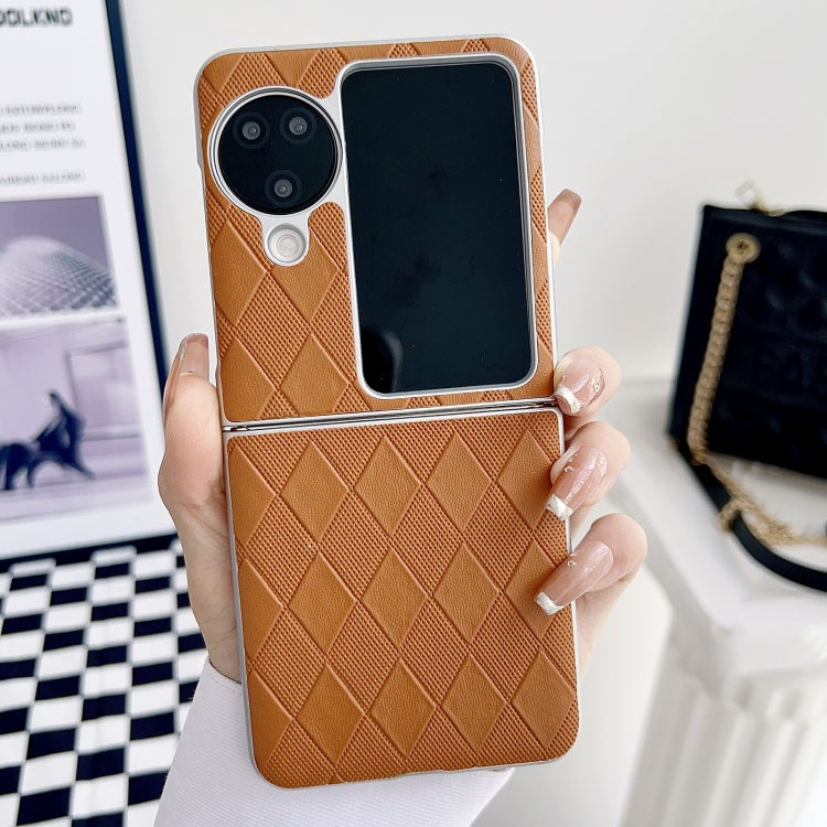 For OPPO Find N3 Flip Pearlescent Paint Diamond Shaped Checkered Leather Phone Case(Brown) - Find N3 Flip Cases by PMC TechLife | Online Shopping South Africa | PMC TechLife | Buy Now Pay Later Mobicred