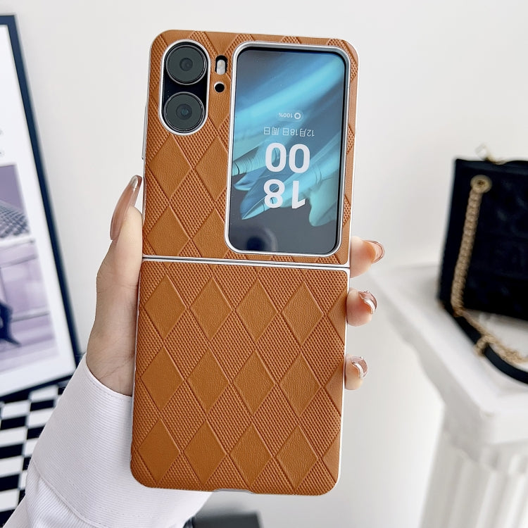 For OPPO Find N2 Flip Pearlescent Paint Diamond Shaped Checkered Leather Phone Case(Brown) - Find N2 Flip Cases by PMC TechLife | Online Shopping South Africa | PMC TechLife | Buy Now Pay Later Mobicred