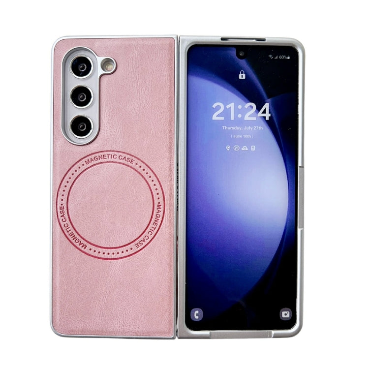 For Samsung Galaxy Z Fold5 Skin Feel Leather Texture MagSafe Pearlescent Paint Shockproof Phone Case(Pink) - Galaxy Z Fold5 Cases by PMC TechLife | Online Shopping South Africa | PMC TechLife