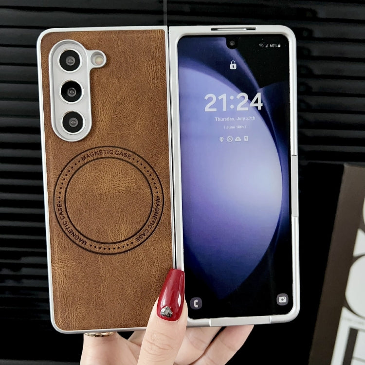 For Samsung Galaxy Z Fold5 Skin Feel Leather Texture MagSafe Pearlescent Paint Shockproof Phone Case(Brown) - Galaxy Z Fold5 Cases by PMC TechLife | Online Shopping South Africa | PMC TechLife | Buy Now Pay Later Mobicred