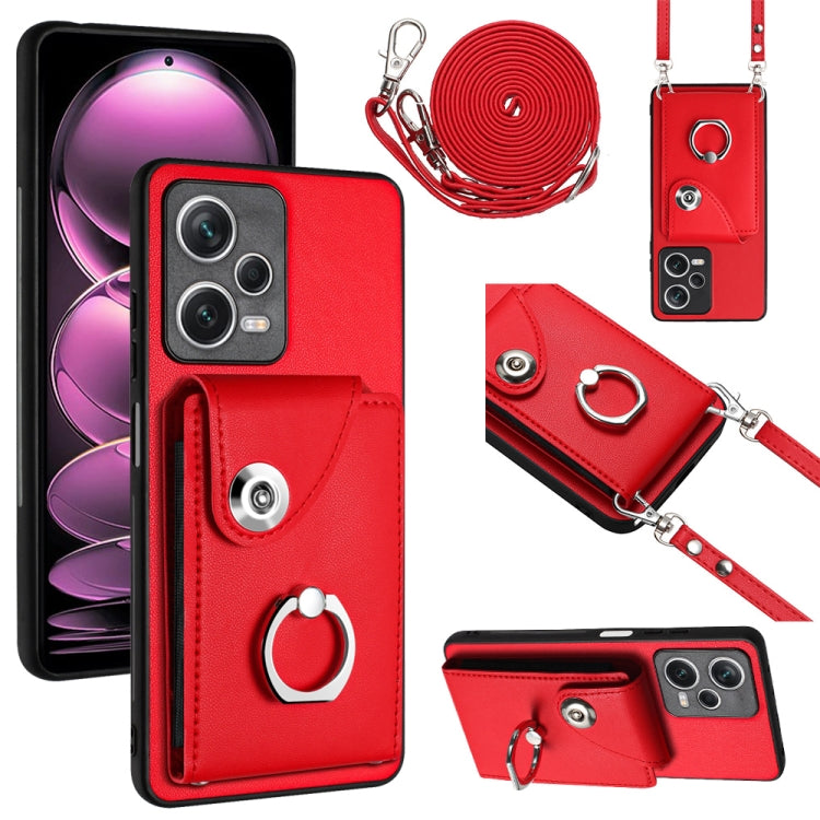 For Xiaomi Redmi Note 12 5G Global Organ Card Bag Ring Holder Phone Case with Long Lanyard(Red) - Xiaomi Cases by PMC TechLife | Online Shopping South Africa | PMC TechLife | Buy Now Pay Later Mobicred