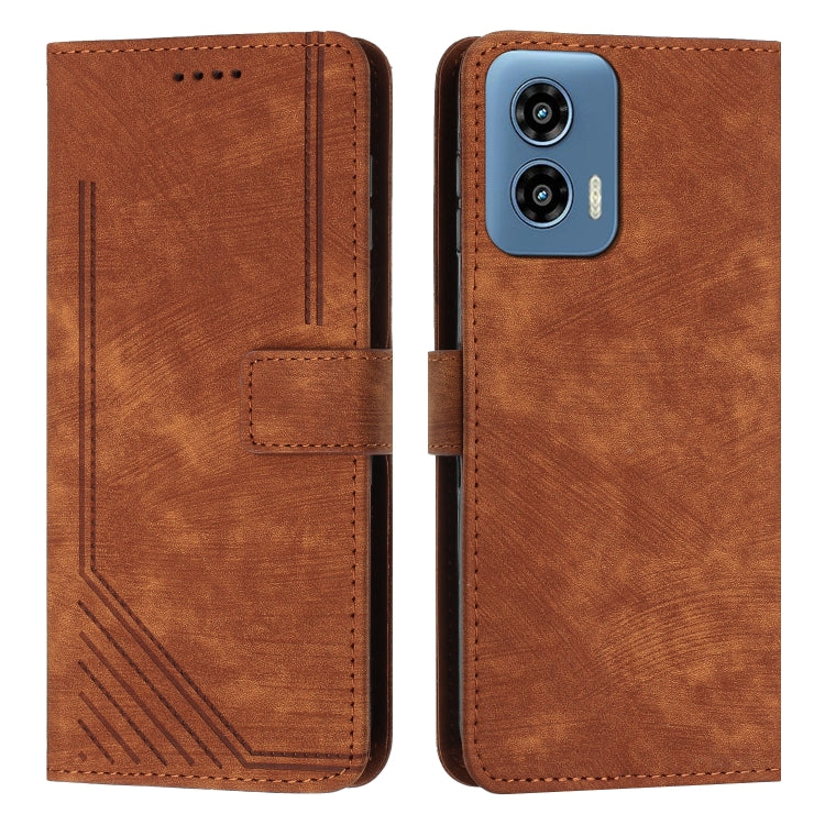 For Motorola Moto G Play 5G 2024 / G 5G 2024 Skin Feel Stripe Pattern Leather Phone Case with Long Lanyard(Brown) - Motorola Cases by PMC Jewellery | Online Shopping South Africa | PMC Jewellery | Buy Now Pay Later Mobicred