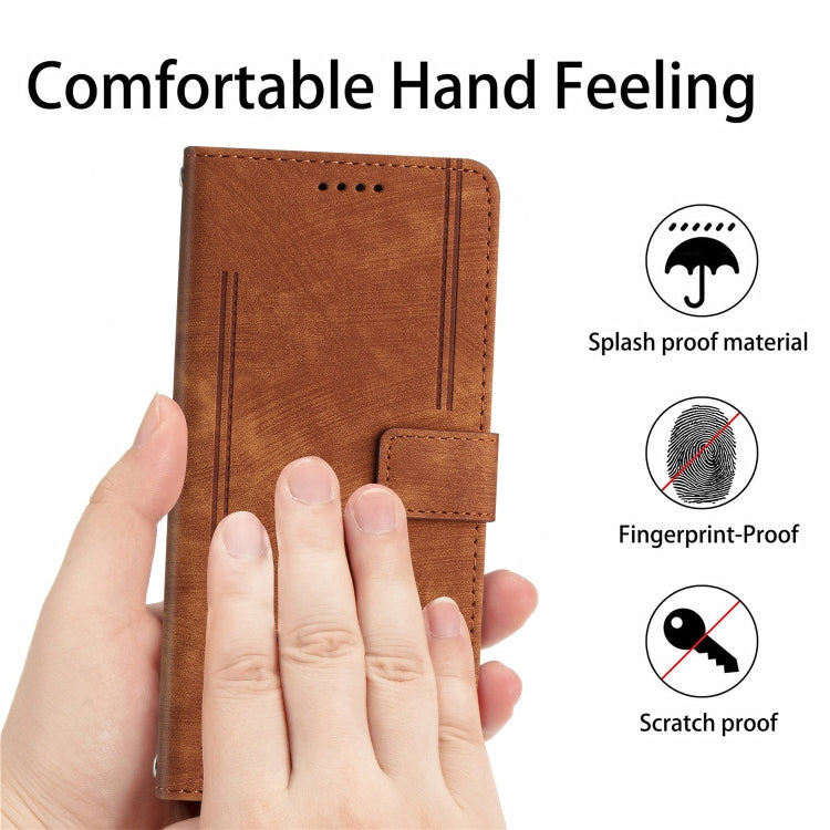 For Motorola Moto G Play 5G 2024 / G 5G 2024 Skin Feel Stripe Pattern Leather Phone Case with Long Lanyard(Brown) - Motorola Cases by PMC Jewellery | Online Shopping South Africa | PMC Jewellery | Buy Now Pay Later Mobicred