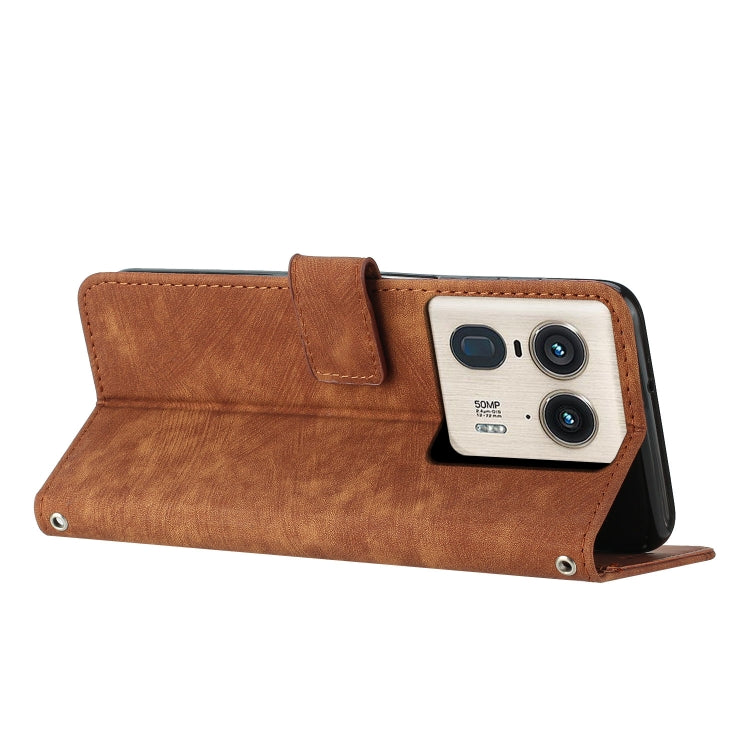 For Motorola Edge 50 Ultra Skin Feel Stripe Pattern Leather Phone Case with Long Lanyard(Brown) - Motorola Cases by PMC TechLife | Online Shopping South Africa | PMC TechLife | Buy Now Pay Later Mobicred