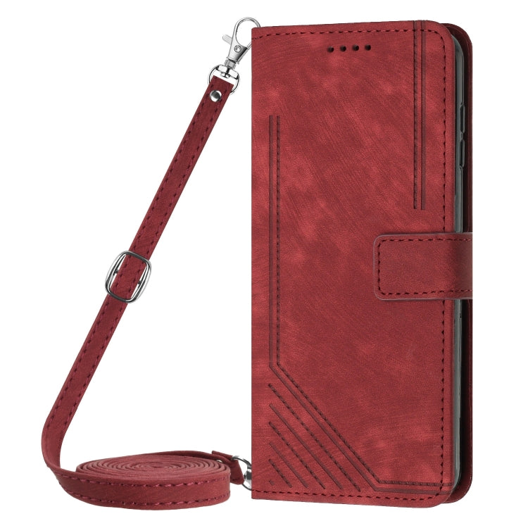 For Motorola Edge 2024 Skin Feel Stripe Pattern Leather Phone Case with Long Lanyard(Red) - Motorola Cases by PMC Jewellery | Online Shopping South Africa | PMC Jewellery | Buy Now Pay Later Mobicred