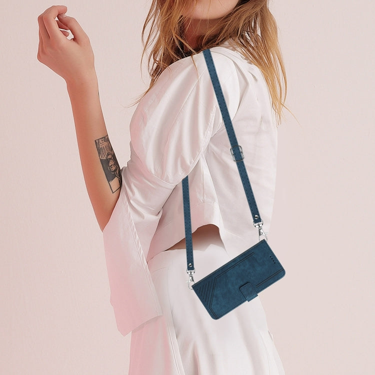 For Motorola Edge 2024 Skin Feel Stripe Pattern Leather Phone Case with Long Lanyard(Blue) - Motorola Cases by PMC Jewellery | Online Shopping South Africa | PMC Jewellery | Buy Now Pay Later Mobicred