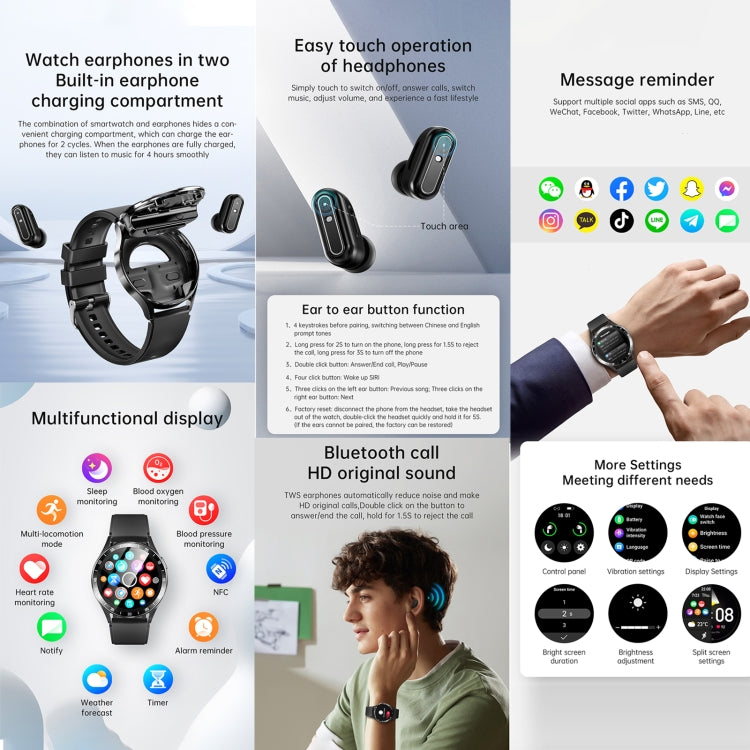 X10 Headphones Smart Watch 1.39 inch Waterproof Bracelet, Support Bluetooth Call / NFC / Heart Rate(Black + Siliver) - Smart Watches by PMC TechLife | Online Shopping South Africa | PMC TechLife | Buy Now Pay Later Mobicred