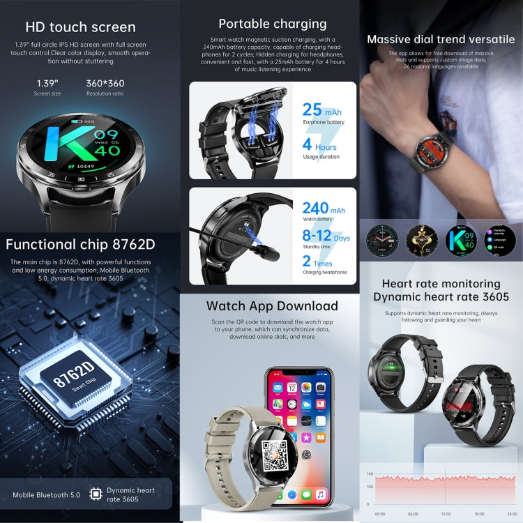 X10 Headphones Smart Watch 1.39 inch Waterproof Bracelet, Support Bluetooth Call / NFC / Heart Rate(Black + Siliver) - Smart Watches by PMC TechLife | Online Shopping South Africa | PMC TechLife | Buy Now Pay Later Mobicred