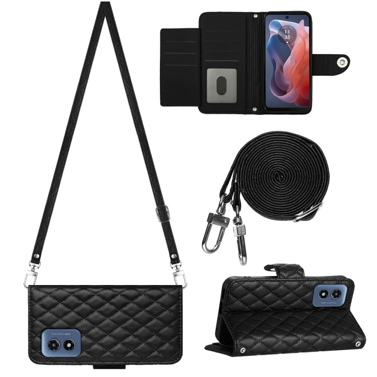 For Motorola Moto G Play 4G 2024 Rhombic Texture Flip Leather Phone Case with Long Lanyard(Black) - Motorola Cases by PMC Jewellery | Online Shopping South Africa | PMC Jewellery | Buy Now Pay Later Mobicred