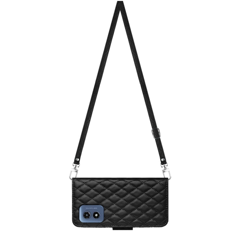 For Motorola Moto G Play 4G 2024 Rhombic Texture Flip Leather Phone Case with Long Lanyard(Black) - Motorola Cases by PMC Jewellery | Online Shopping South Africa | PMC Jewellery | Buy Now Pay Later Mobicred