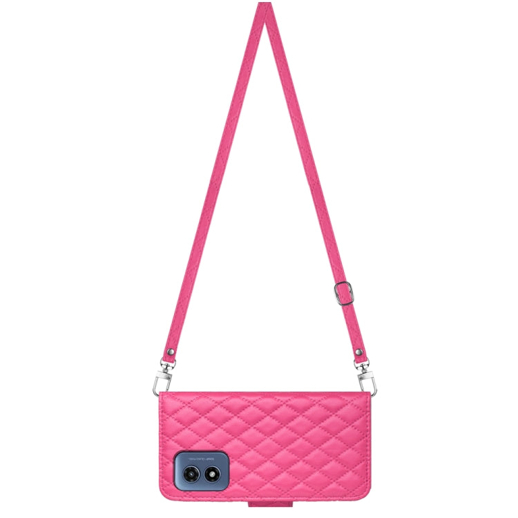 For Motorola Moto G Play 4G 2024 Rhombic Texture Flip Leather Phone Case with Long Lanyard(Rose Red) - Motorola Cases by PMC Jewellery | Online Shopping South Africa | PMC Jewellery | Buy Now Pay Later Mobicred