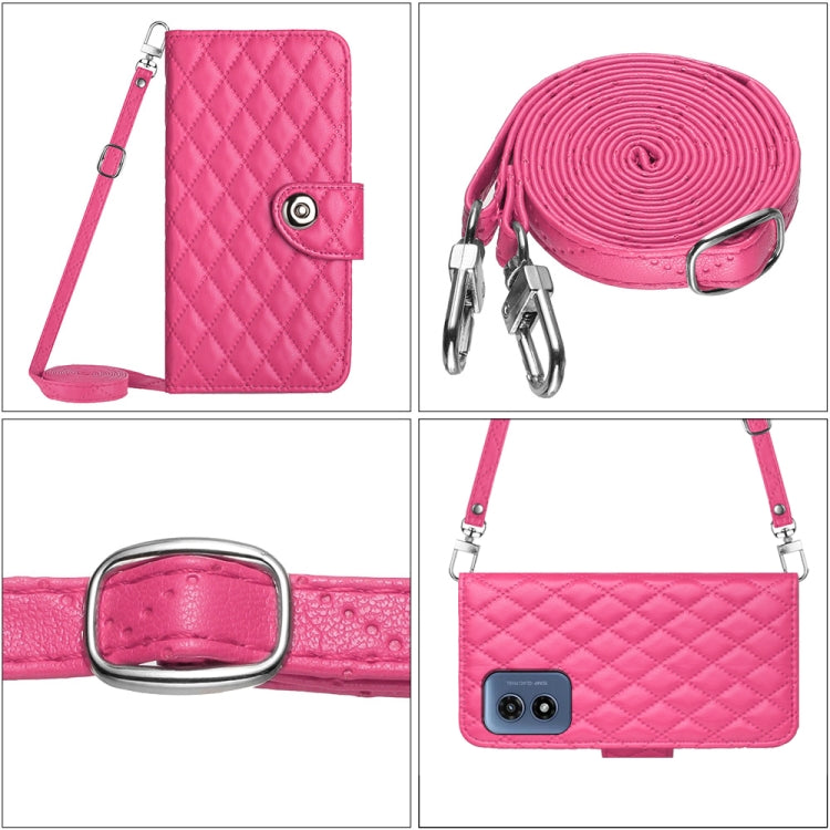 For Motorola Moto G Play 4G 2024 Rhombic Texture Flip Leather Phone Case with Long Lanyard(Rose Red) - Motorola Cases by PMC Jewellery | Online Shopping South Africa | PMC Jewellery | Buy Now Pay Later Mobicred