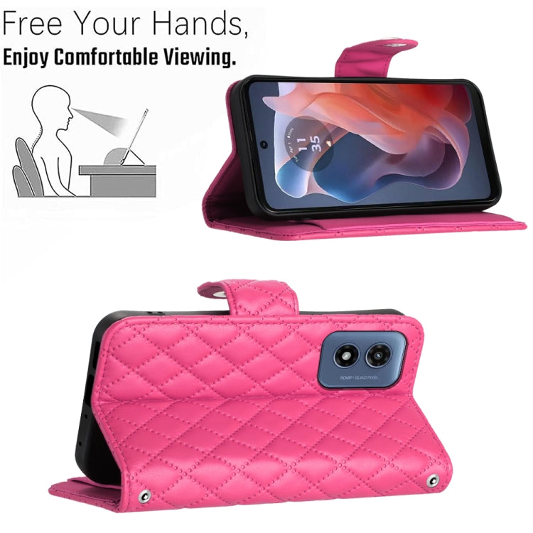 For Motorola Moto G Play 4G 2024 Rhombic Texture Flip Leather Phone Case with Long Lanyard(Rose Red) - Motorola Cases by PMC Jewellery | Online Shopping South Africa | PMC Jewellery | Buy Now Pay Later Mobicred