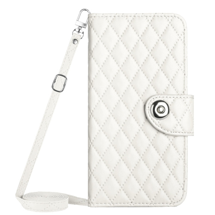 For Motorola Moto G Play 4G 2024 Rhombic Texture Flip Leather Phone Case with Long Lanyard(White) - Motorola Cases by PMC Jewellery | Online Shopping South Africa | PMC Jewellery | Buy Now Pay Later Mobicred