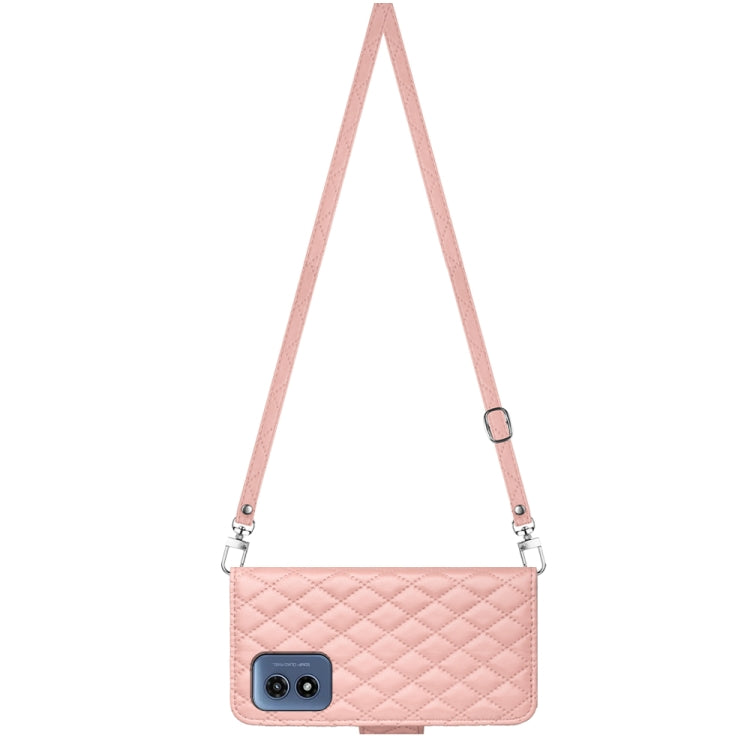 For Motorola Moto G Play 4G 2024 Rhombic Texture Flip Leather Phone Case with Long Lanyard(Coral Pink) - Motorola Cases by PMC Jewellery | Online Shopping South Africa | PMC Jewellery | Buy Now Pay Later Mobicred