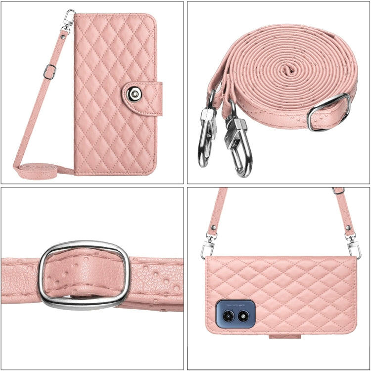 For Motorola Moto G Play 4G 2024 Rhombic Texture Flip Leather Phone Case with Long Lanyard(Coral Pink) - Motorola Cases by PMC Jewellery | Online Shopping South Africa | PMC Jewellery | Buy Now Pay Later Mobicred