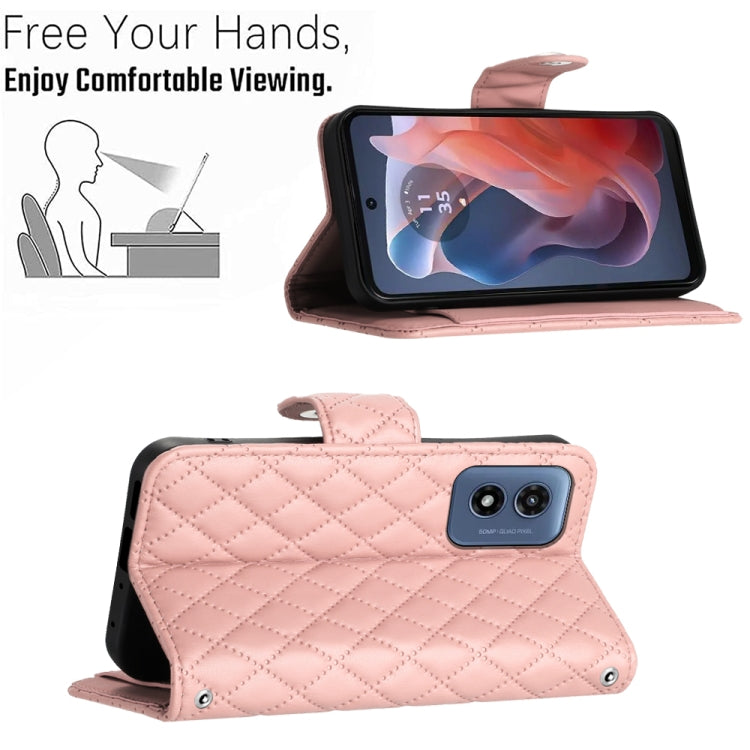 For Motorola Moto G Play 4G 2024 Rhombic Texture Flip Leather Phone Case with Long Lanyard(Coral Pink) - Motorola Cases by PMC Jewellery | Online Shopping South Africa | PMC Jewellery | Buy Now Pay Later Mobicred