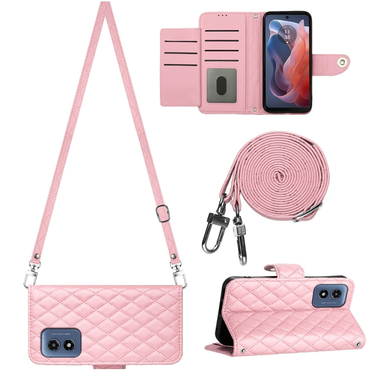 For Motorola Moto G Play 4G 2024 Rhombic Texture Flip Leather Phone Case with Long Lanyard(Pink) - Motorola Cases by PMC Jewellery | Online Shopping South Africa | PMC Jewellery | Buy Now Pay Later Mobicred