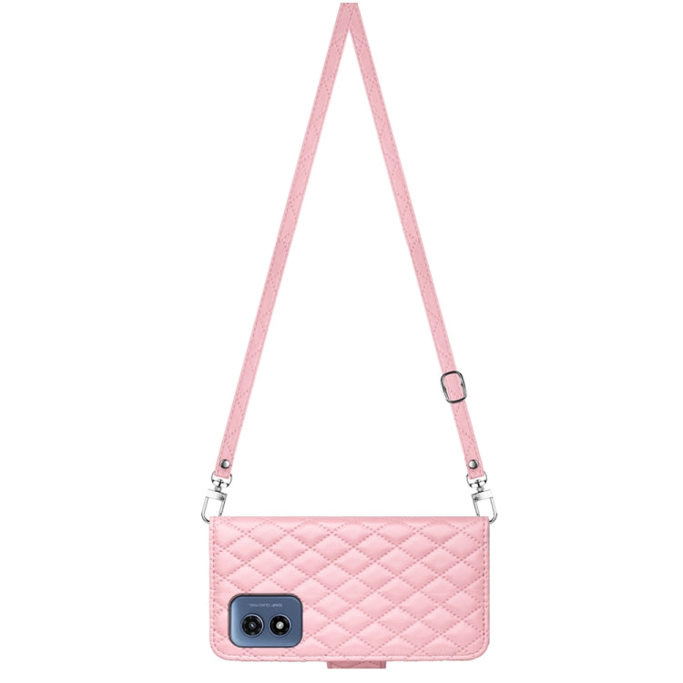 For Motorola Moto G Play 4G 2024 Rhombic Texture Flip Leather Phone Case with Long Lanyard(Pink) - Motorola Cases by PMC Jewellery | Online Shopping South Africa | PMC Jewellery | Buy Now Pay Later Mobicred