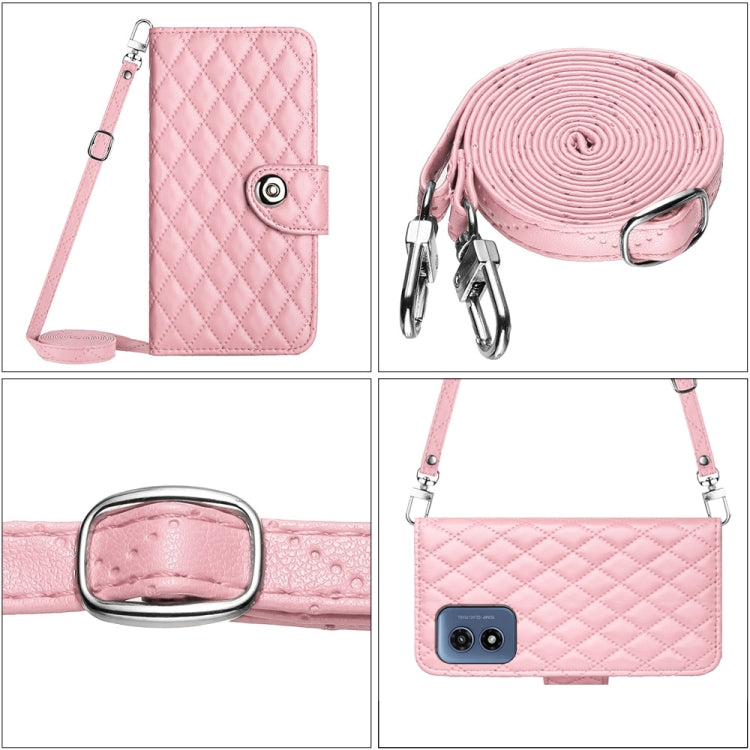 For Motorola Moto G Play 4G 2024 Rhombic Texture Flip Leather Phone Case with Long Lanyard(Pink) - Motorola Cases by PMC Jewellery | Online Shopping South Africa | PMC Jewellery | Buy Now Pay Later Mobicred