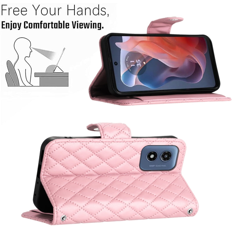 For Motorola Moto G Play 4G 2024 Rhombic Texture Flip Leather Phone Case with Long Lanyard(Pink) - Motorola Cases by PMC Jewellery | Online Shopping South Africa | PMC Jewellery | Buy Now Pay Later Mobicred