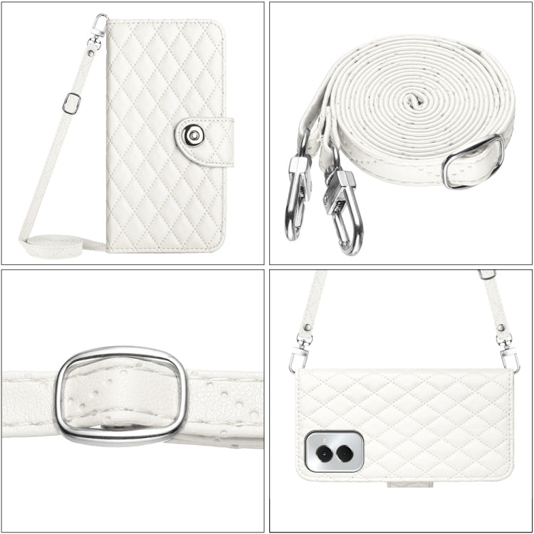 For Motorola Moto G Power 5G 2024 Rhombic Texture Flip Leather Phone Case with Long Lanyard(White) - Motorola Cases by PMC Jewellery | Online Shopping South Africa | PMC Jewellery | Buy Now Pay Later Mobicred