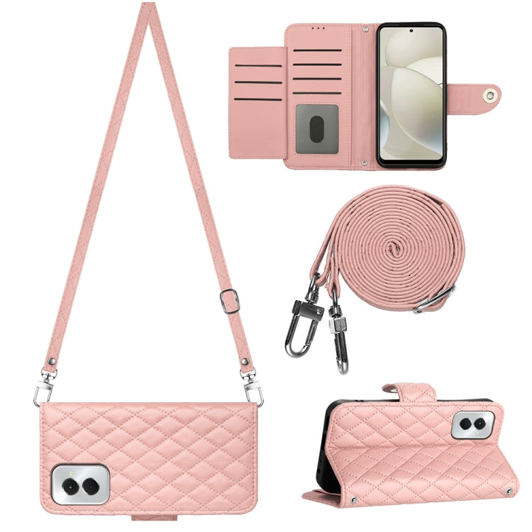 For Motorola Moto G Power 5G 2024 Rhombic Texture Flip Leather Phone Case with Long Lanyard(Coral Pink) - Motorola Cases by PMC Jewellery | Online Shopping South Africa | PMC Jewellery | Buy Now Pay Later Mobicred