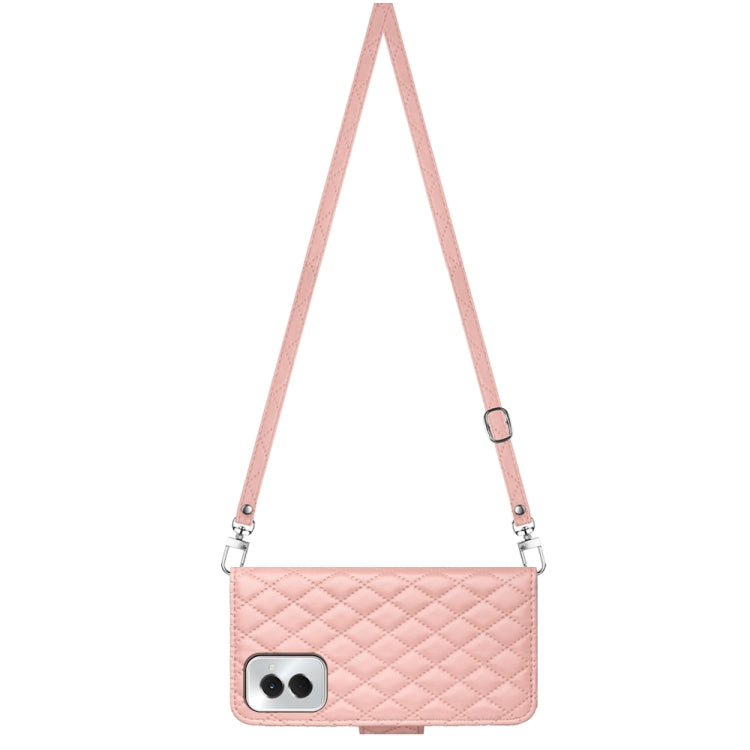 For Motorola Moto G Power 5G 2024 Rhombic Texture Flip Leather Phone Case with Long Lanyard(Coral Pink) - Motorola Cases by PMC Jewellery | Online Shopping South Africa | PMC Jewellery | Buy Now Pay Later Mobicred
