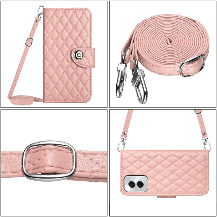 For Motorola Moto G Power 5G 2024 Rhombic Texture Flip Leather Phone Case with Long Lanyard(Coral Pink) - Motorola Cases by PMC Jewellery | Online Shopping South Africa | PMC Jewellery | Buy Now Pay Later Mobicred