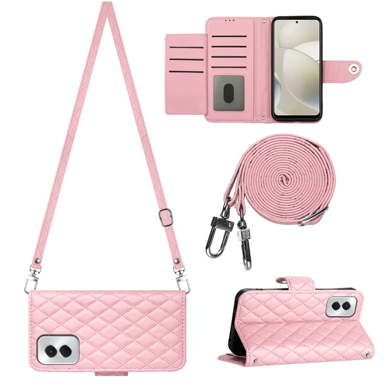 For Motorola Moto G Power 5G 2024 Rhombic Texture Flip Leather Phone Case with Long Lanyard(Pink) - Motorola Cases by PMC Jewellery | Online Shopping South Africa | PMC Jewellery | Buy Now Pay Later Mobicred
