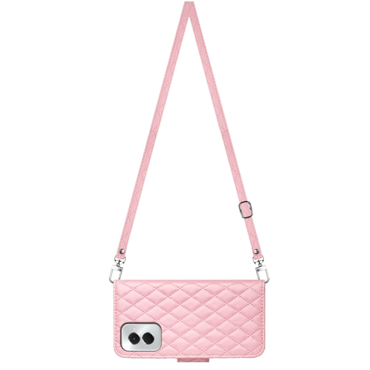 For Motorola Moto G Power 5G 2024 Rhombic Texture Flip Leather Phone Case with Long Lanyard(Pink) - Motorola Cases by PMC Jewellery | Online Shopping South Africa | PMC Jewellery | Buy Now Pay Later Mobicred