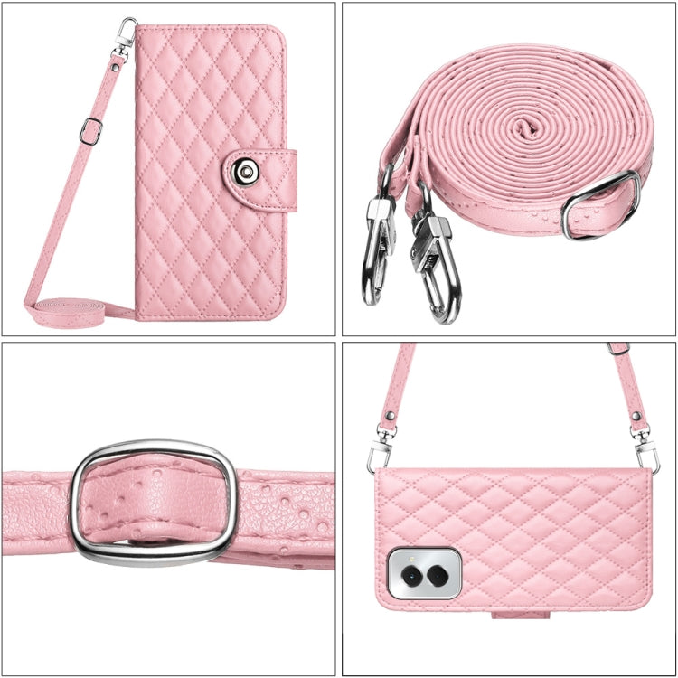 For Motorola Moto G Power 5G 2024 Rhombic Texture Flip Leather Phone Case with Long Lanyard(Pink) - Motorola Cases by PMC Jewellery | Online Shopping South Africa | PMC Jewellery | Buy Now Pay Later Mobicred