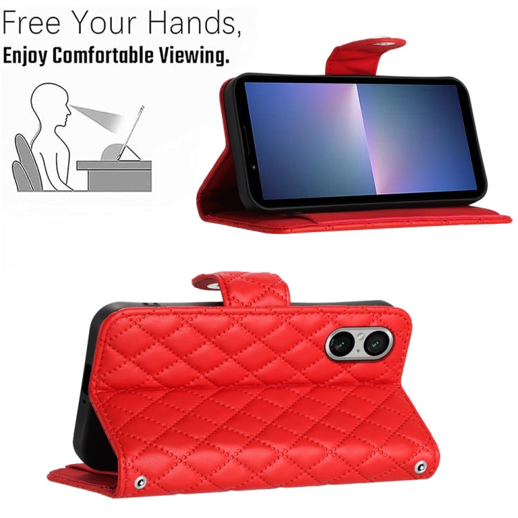For Sony Xperia 5 V Rhombic Texture Flip Leather Phone Case with Long Lanyard(Red) - Sony Cases by PMC TechLife | Online Shopping South Africa | PMC TechLife | Buy Now Pay Later Mobicred