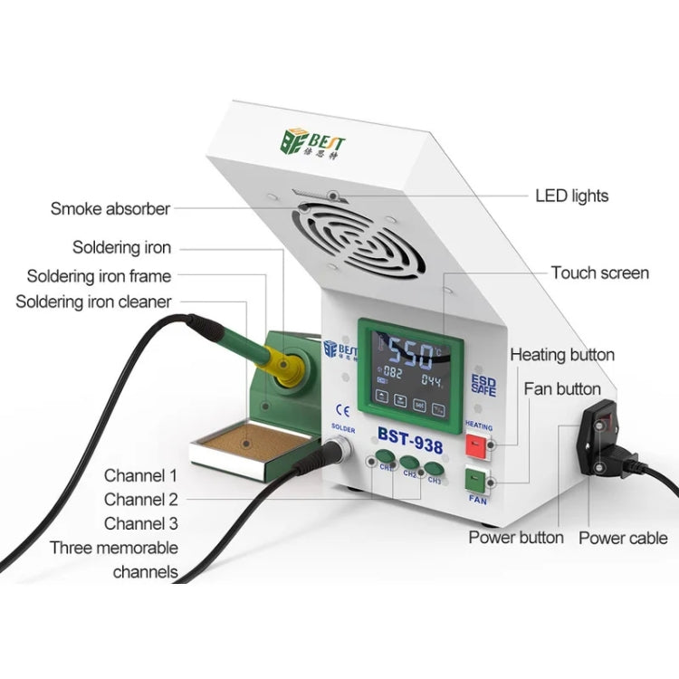 BEST BST-938 LED Electric Iron Smoking Instrument Smoke Purifier Soldering Station with Exhaust Fan, US Plug - free shipping - PMC TechLife - Order now!