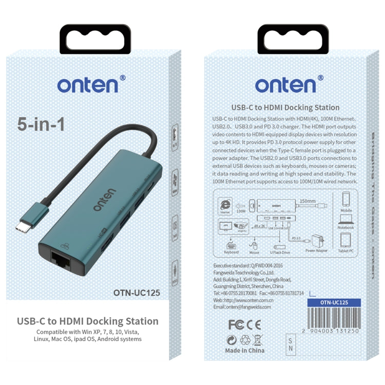 Onten UC125 5 in 1 USB-C / Type-C to HDMI+USB3.0+PD3.0 Multi-function HUB with 100Mbps Network Card - free shipping - PMC Jewellery - Order now!