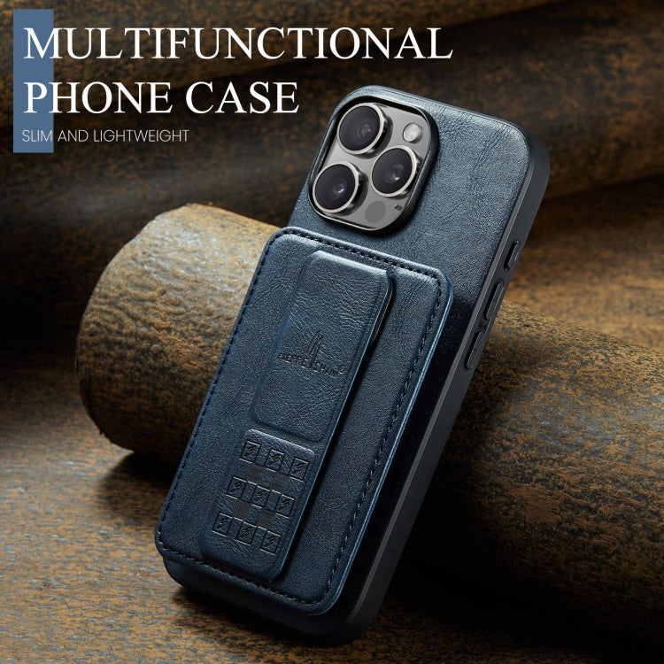 For iPhone 16 Pro Fierre Shann Oil Wax Cow Leather Card Holder Back Phone Case(Blue) - free shipping - PMC Jewellery - Order now!