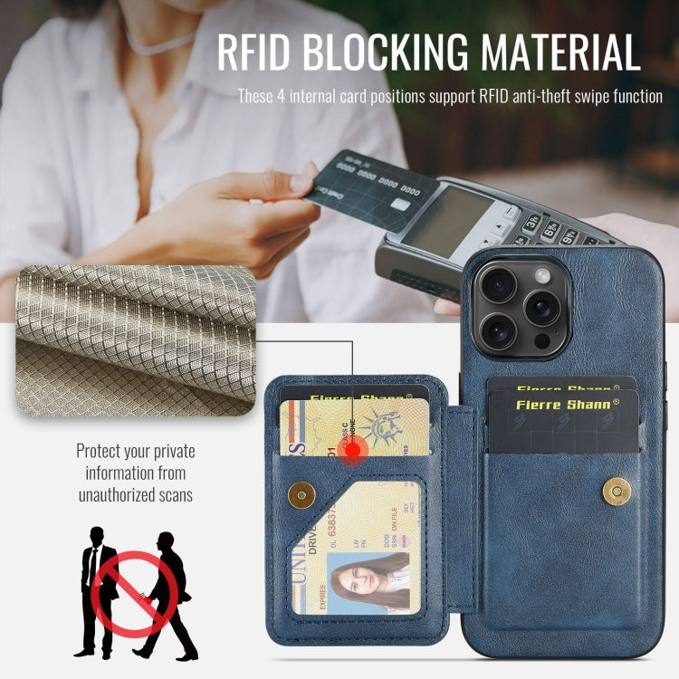 For iPhone 16 Pro Fierre Shann Oil Wax Cow Leather Card Holder Back Phone Case(Blue) - free shipping - PMC Jewellery - Order now!