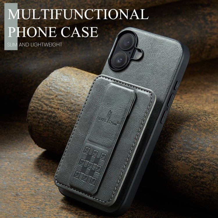 For iPhone 16 Plus Fierre Shann Oil Wax Cow Leather Card Holder Back Phone Case(Grey) - free shipping - PMC Jewellery - Order now!