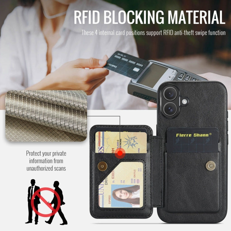 For iPhone 16 Fierre Shann Oil Wax Cow Leather Card Holder Back Phone Case(Black) - free shipping - PMC Jewellery - Order now!