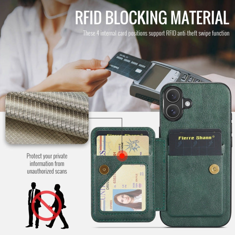 For iPhone 16 Fierre Shann Oil Wax Cow Leather Card Holder Back Phone Case(Green) - free shipping - PMC Jewellery - Order now!