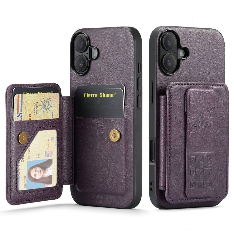 For iPhone 16 Fierre Shann Oil Wax Cow Leather Card Holder Back Phone Case(Purple) - free shipping - PMC Jewellery - Order now!