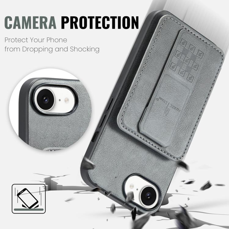 For iPhone 16e Fierre Shann Oil Wax Cow Leather Card Holder Back Phone Case(Grey) - free shipping - PMc TechLife - Order now!