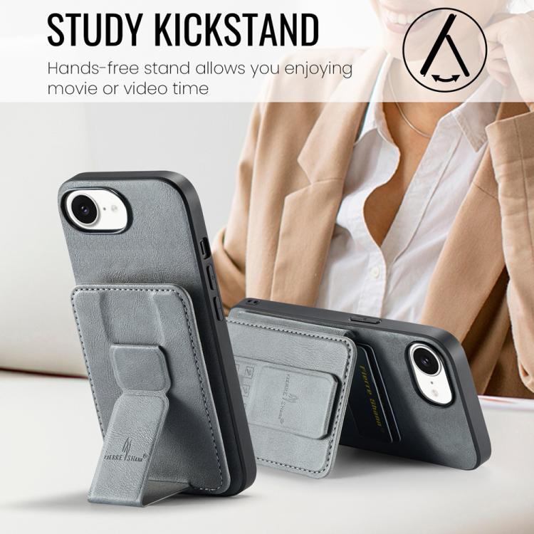 For iPhone 16e Fierre Shann Oil Wax Cow Leather Card Holder Back Phone Case(Grey) - free shipping - PMc TechLife - Order now!