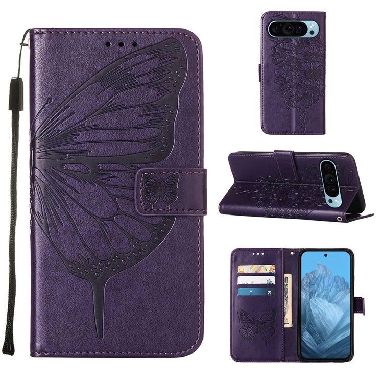 For Google Pixel 9 Embossed Butterfly Leather Phone Case(Dark Purple) - Google Cases by PMC TechLife | Online Shopping South Africa | PMC TechLife | Buy Now Pay Later Mobicred