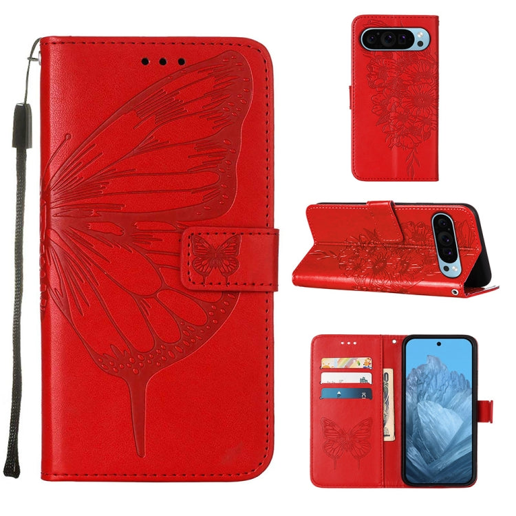For Google Pixel 9 Embossed Butterfly Leather Phone Case(Red) - Google Cases by PMC TechLife | Online Shopping South Africa | PMC TechLife | Buy Now Pay Later Mobicred