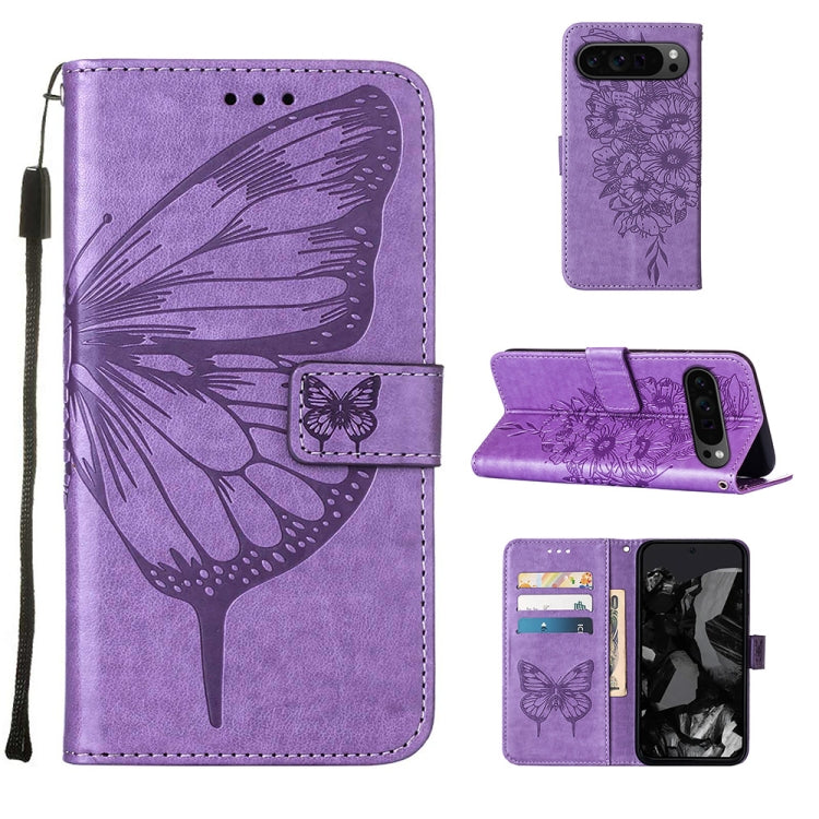 For Google Pixel 9 Pro Embossed Butterfly Leather Phone Case(Purple) - Google Cases by PMC TechLife | Online Shopping South Africa | PMC TechLife | Buy Now Pay Later Mobicred